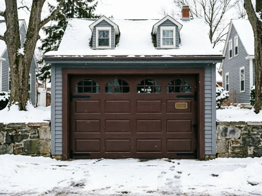 A brown garage door with windows is on a snow-covered building.