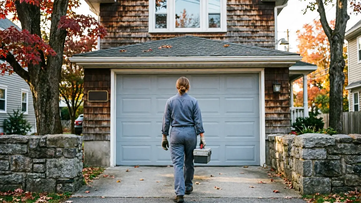 Split-level home with a gray garage door with a window row on a tree-lined street