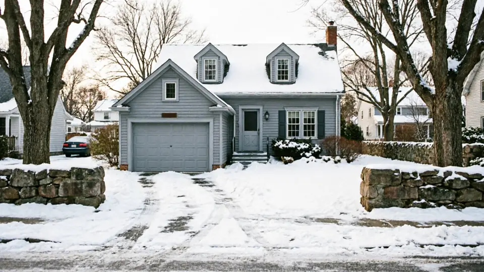 A gray house with a gray garage door and a snow-covered driveway.
