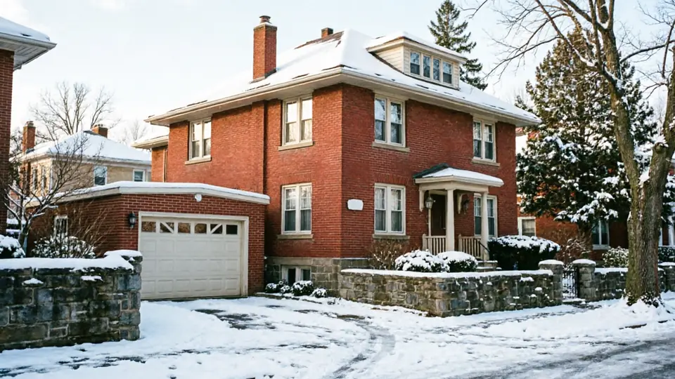 A red brick house with a white garage door and snow on the ground.