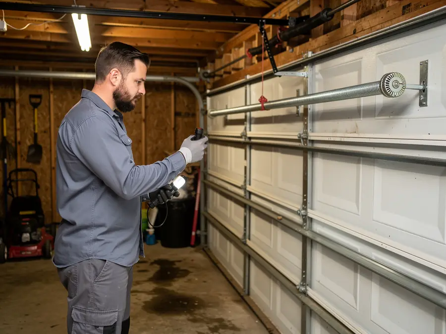 A technician holds a remote and flashlight next to a white garage door.