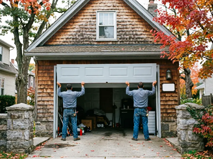 Two technicians install a light gray garage door on a cedar-shingled house.