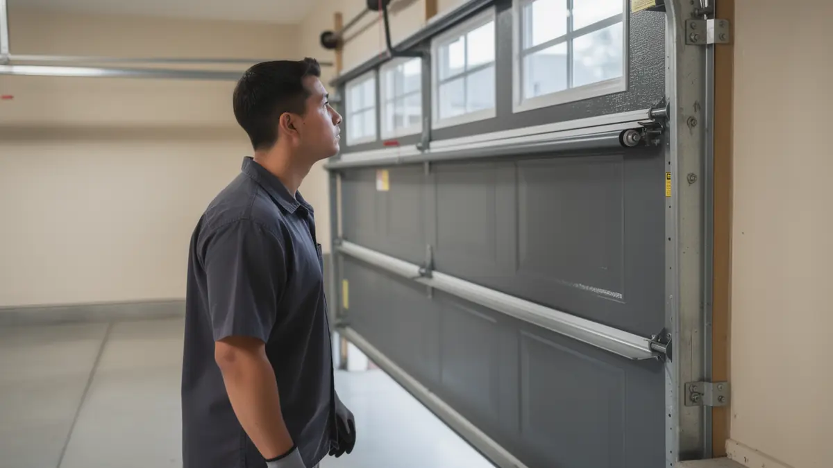 A technician in a gray shirt looks up at a gray garage door with windows.