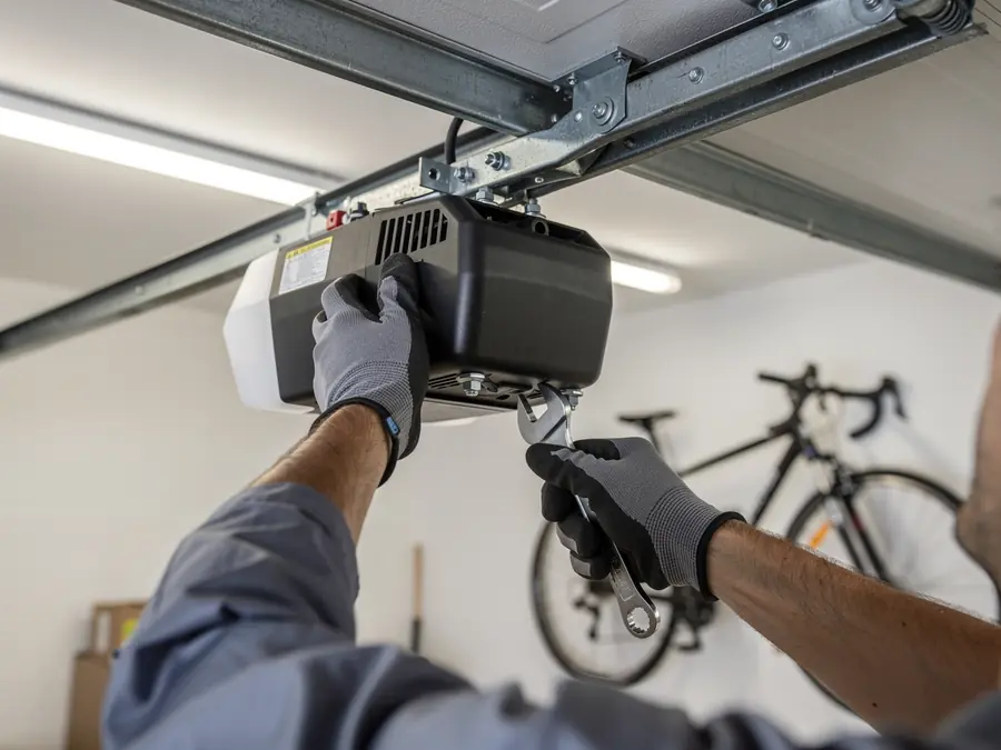 A technician in gloves uses a wrench to work on a garage door opener.