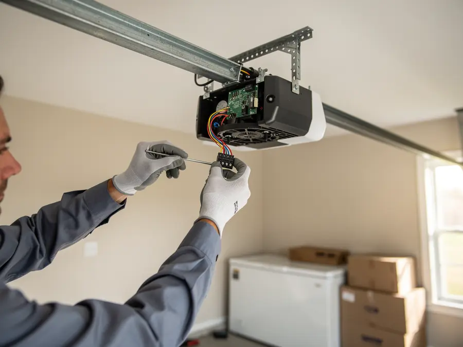 A technician in gloves works on a garage door opener with a screwdriver.