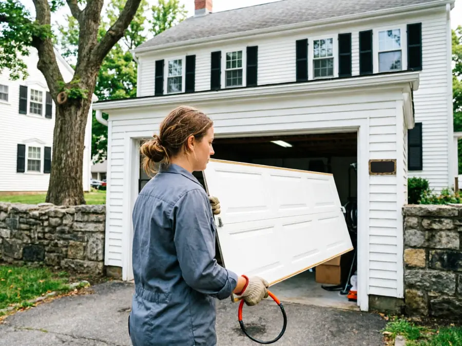 A technician in work clothes carries a white garage door panel.
