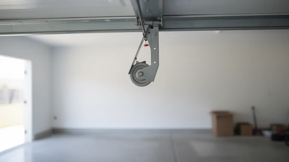 A garage door roller and track are visible inside a clean garage.