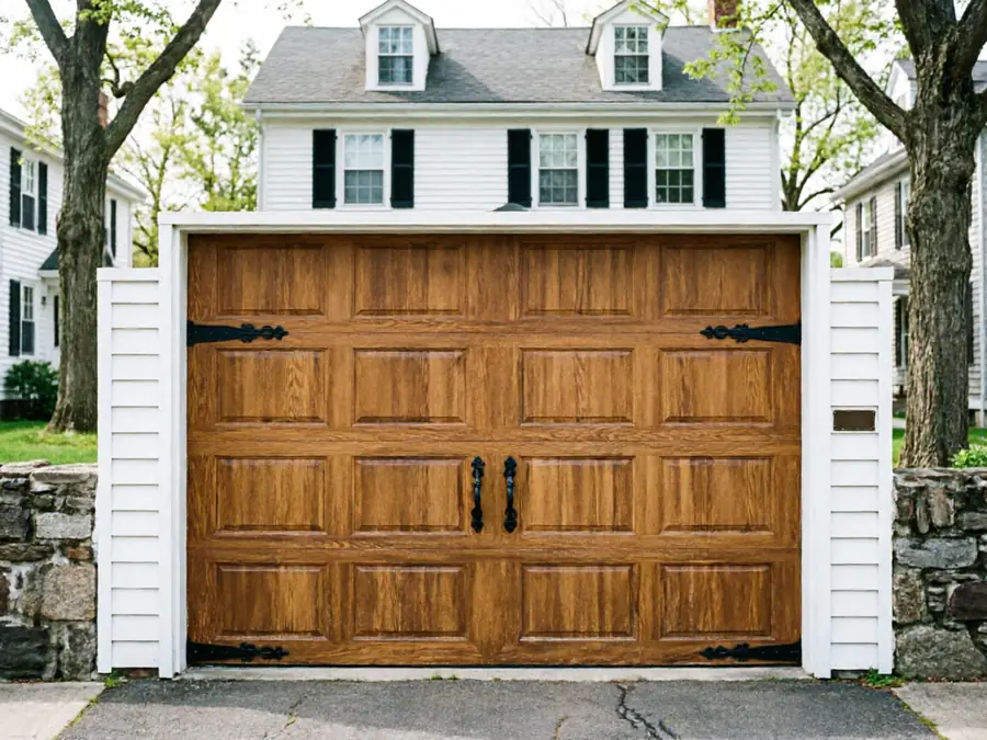 A brown wooden garage door with black hardware is set into a white frame.